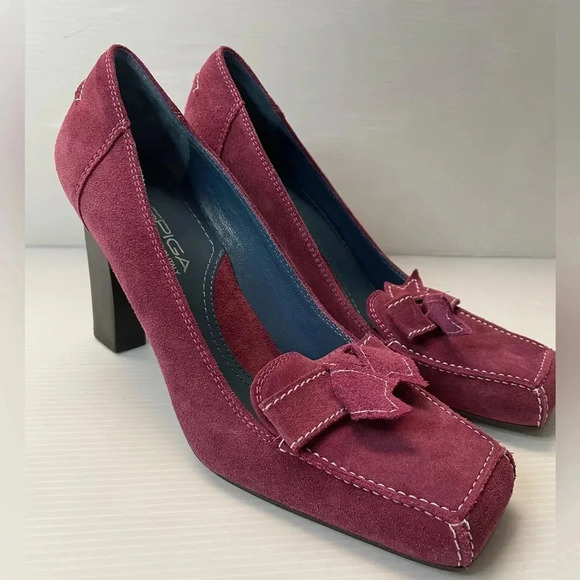 Via Spiga Aggie Suede Burgundy Bow Square Toe Heel Pumps Size 7.5M - Picture 1 of 7